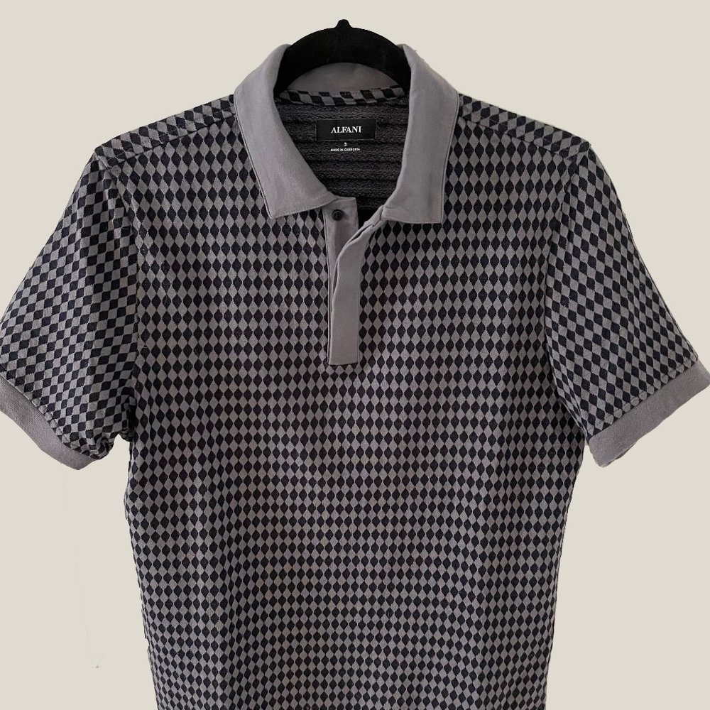 SALE S ALFANI NAVY DIAMOND STRIPE TEAL SHORT SLEEVE SWEATER POLO